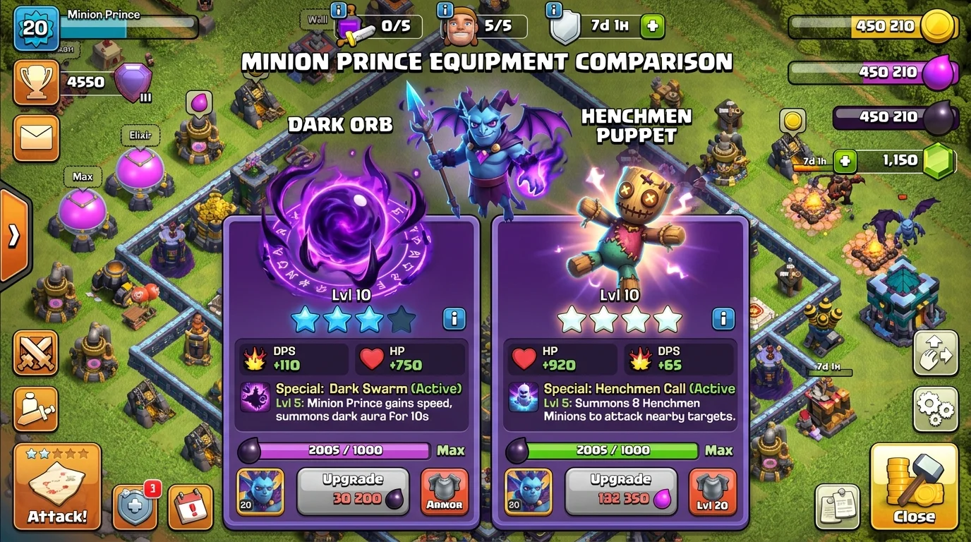 Clash of Clans Dark Orb and Dark Crown equipment pieces for the Minion Prince shown with upgrade interface