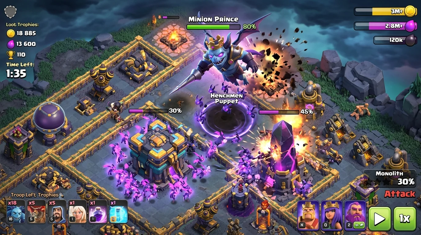Clash of Clans Minion Prince swooping down with Henchmen Puppet spawning shadow minions attacking TH17 Eagle Artillery and Monolith