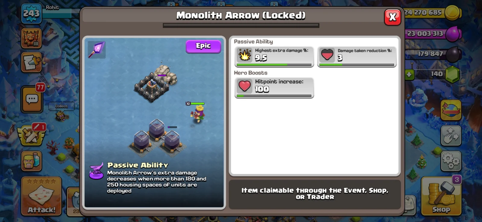 In-game Monolith Arrow equipment information screen showing the passive ability description, Level 1 highest extra damage 9.5%, damage reduction 3%, and hitpoint increase of 100