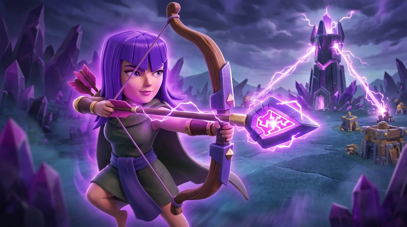 Archer Queen drawing her bow with the Monolith Arrow equipment glowing purple, dramatic Monolith tower in the background with crackling lightning