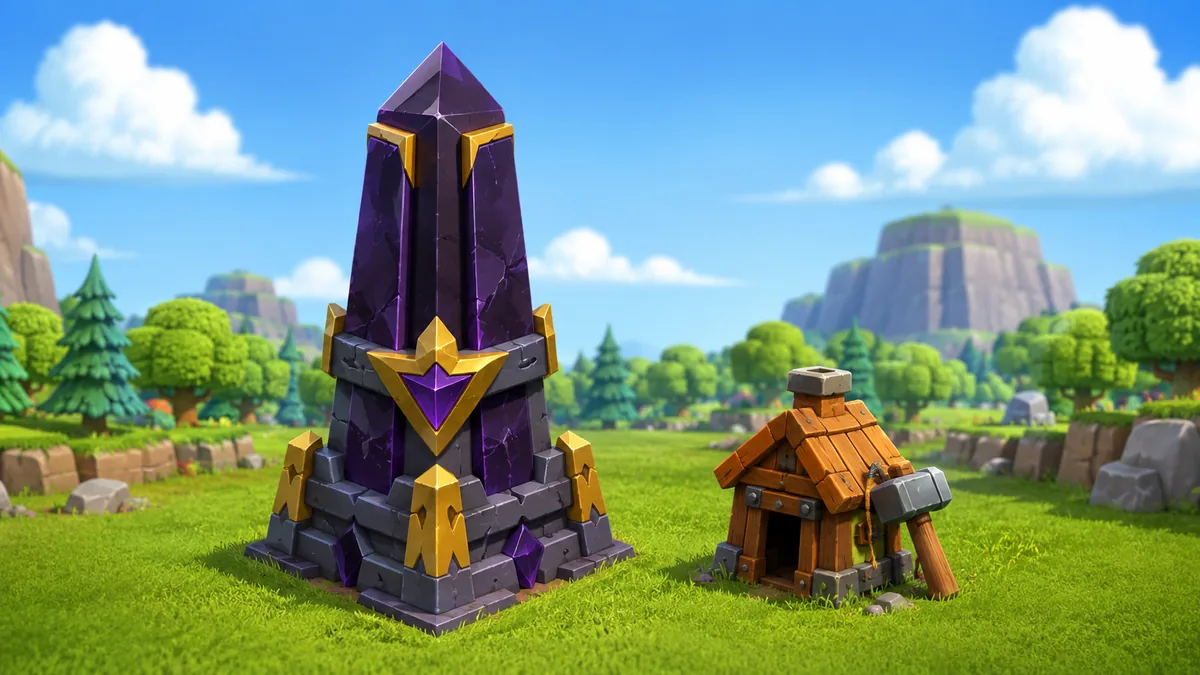 A purple crystal Monolith tower and a wooden builder hut on green village grass