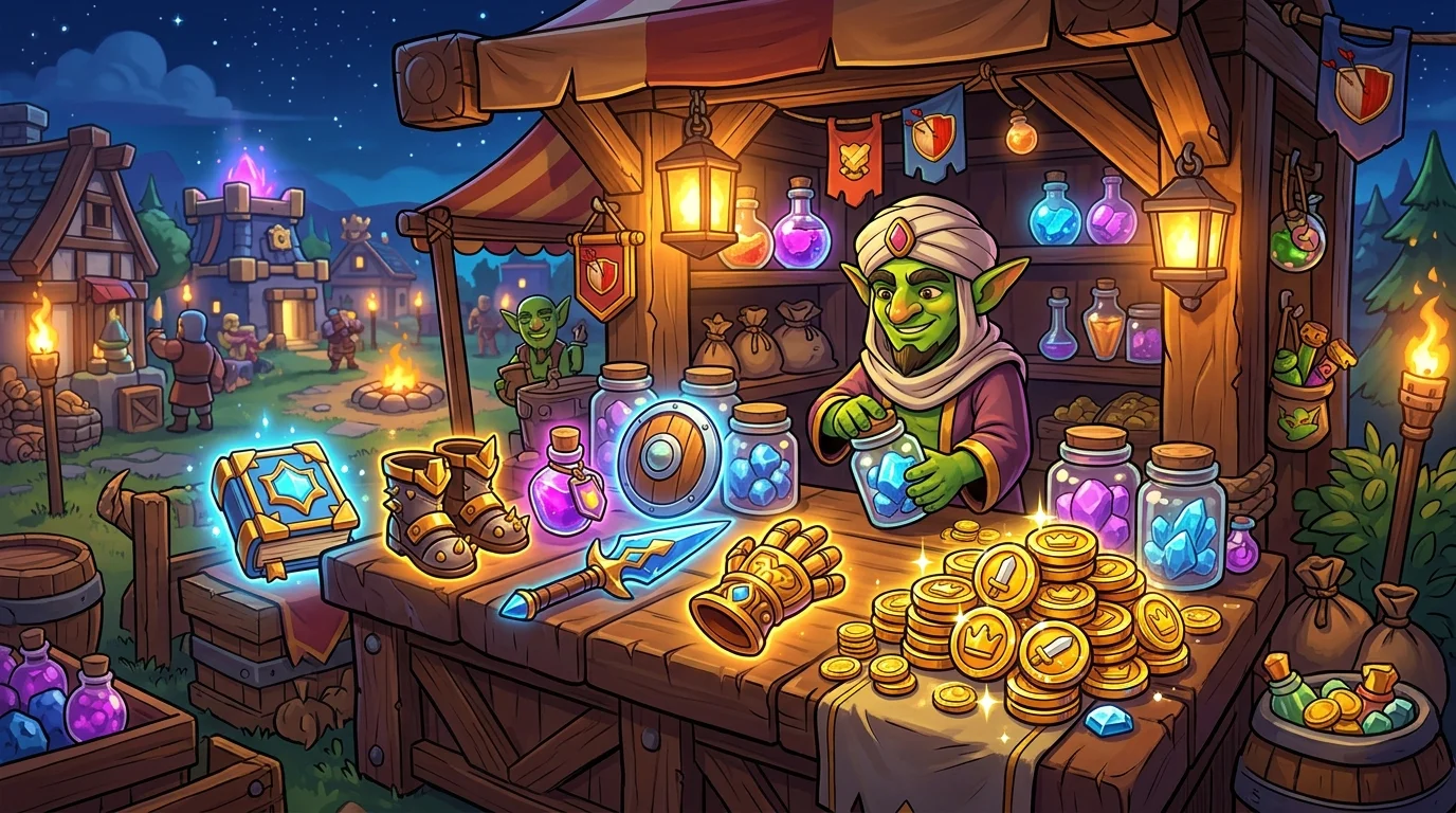 Clash of Clans trader shop showing hero equipment and ore packs