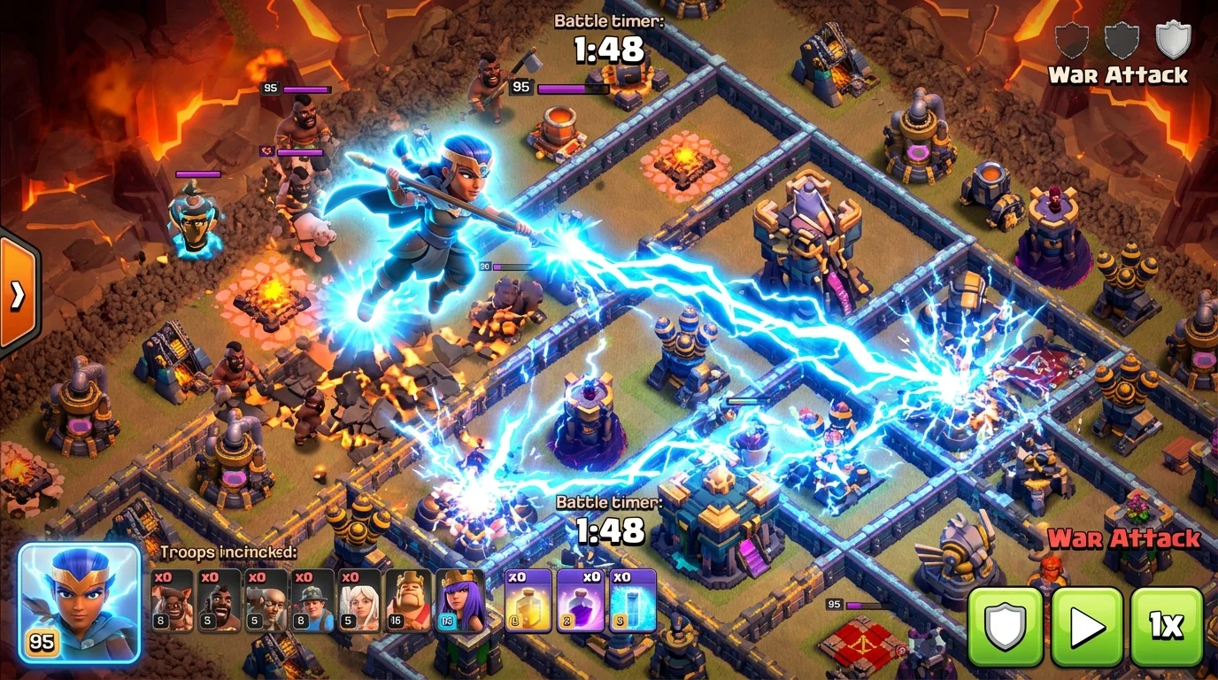 Clash of Clans Royal Champion using Electro Boots ability with chain lightning hitting multiple defenses in a TH16 war base attack
