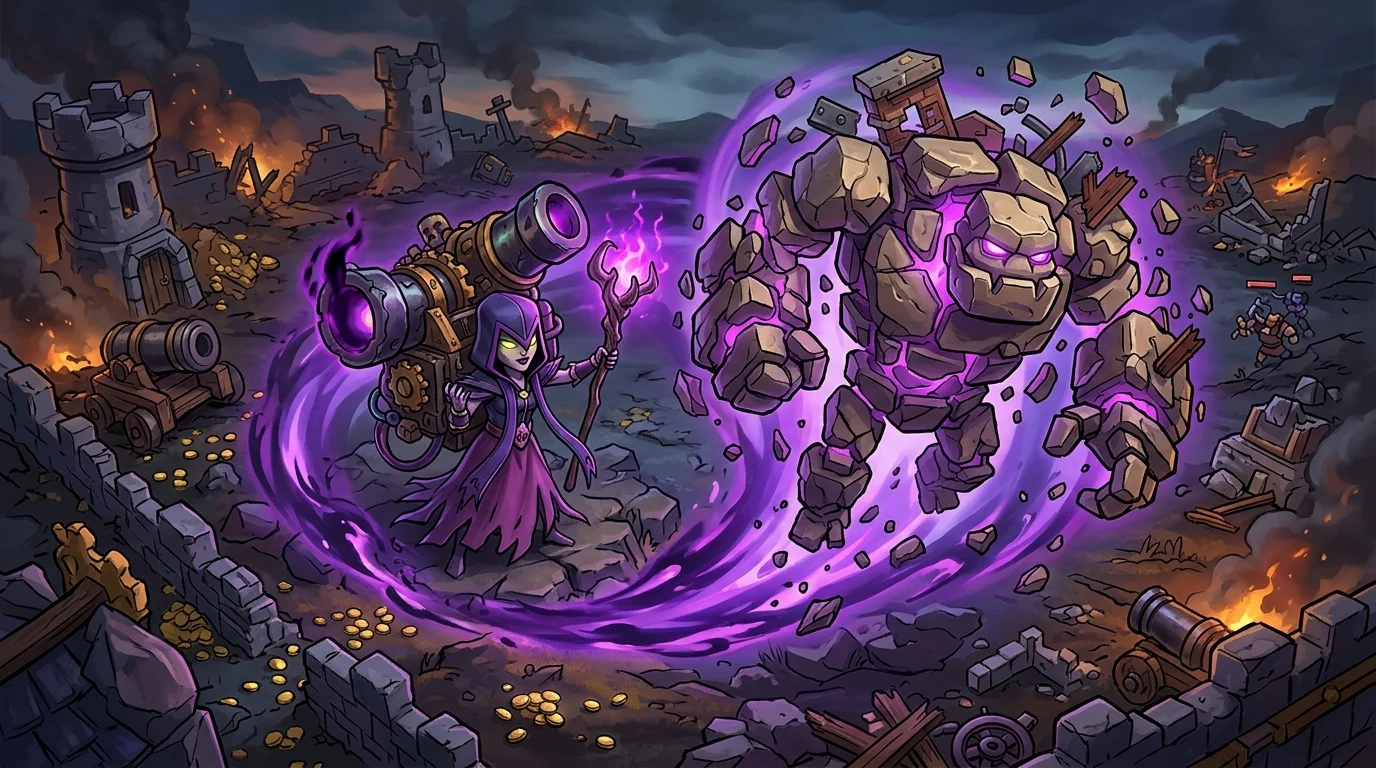 The Ruin Witch, a purple-hooded Clash of Clans troop with glowing yellow eyes and a mechanical cannon backpack, summoning a golem made of building rubble