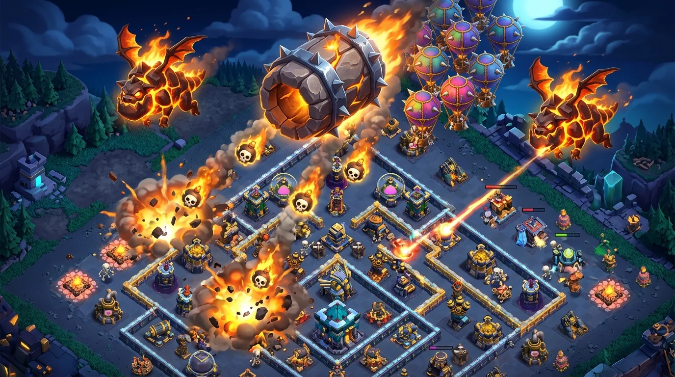 Clash of Clans Stone Slammer siege machine flying over a TH17 base dropping Skeleton Bombs while supported by Lava Hounds and Balloons