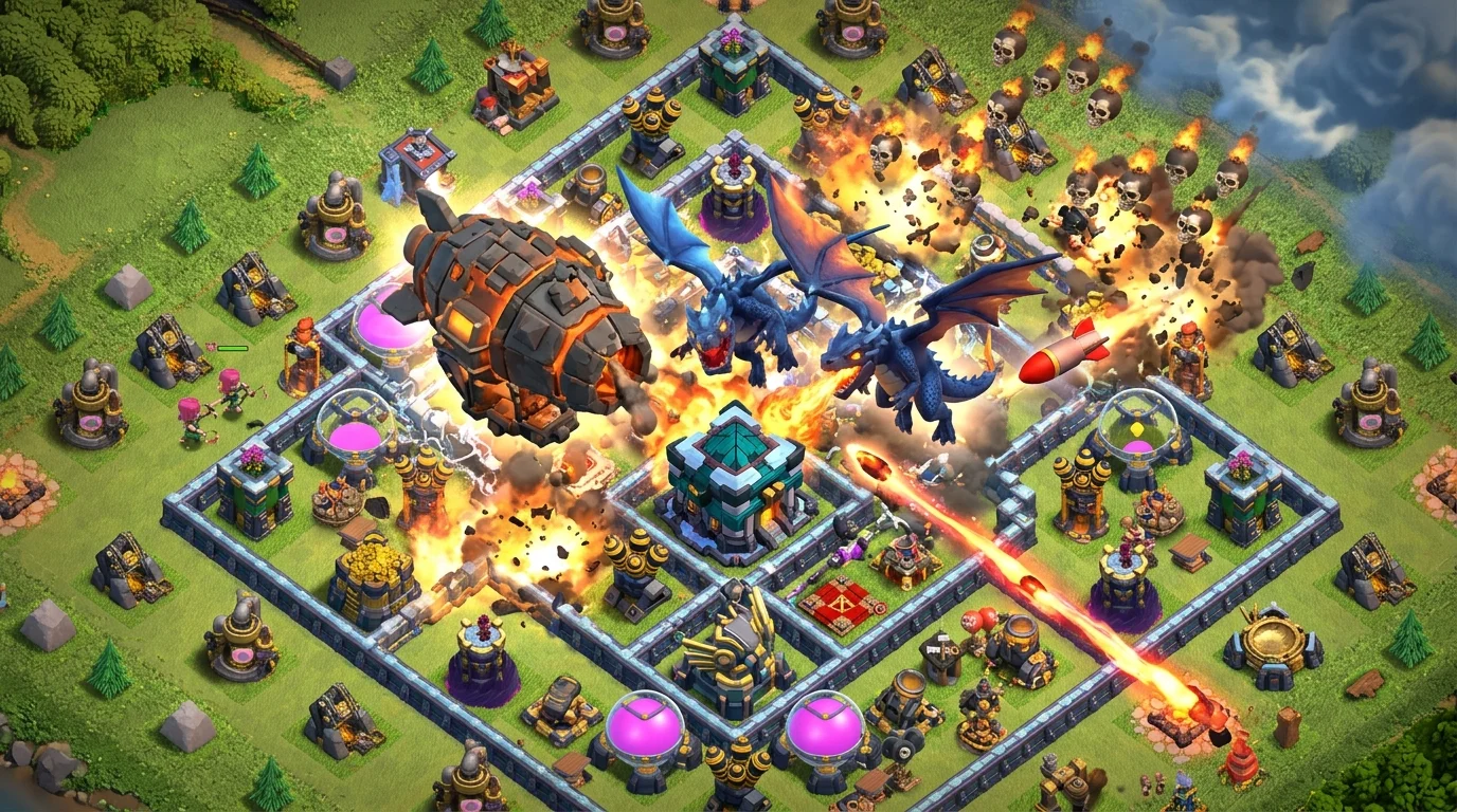 Clash of Clans Stone Slammer siege machine flying over a base with Skeleton Bombs dropping and Lava Hounds flanking both sides of the approach