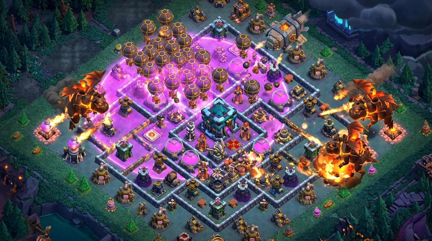 Clash of Clans Lalo attack progression showing Stone Slammer deployment with Lava Hounds on both flanks and Balloon cluster following behind on TH17 base