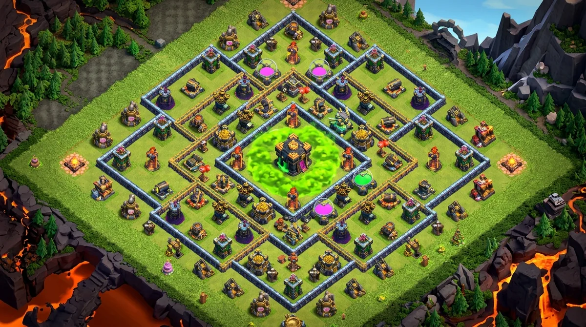 A Town Hall 14 war village from above, a square of walled compartments with the Town Hall centred and a green poison glow around it