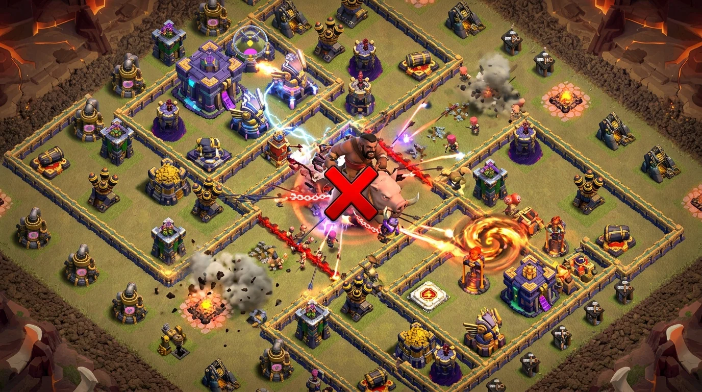 TH14 split-core base design stopping a root rider attack with cross-fire from eagle artillery and scattershot