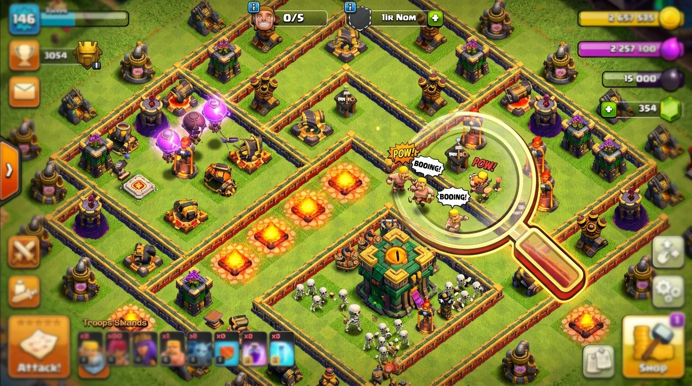 TH14 war base trap placement diagram showing giant bombs, spring traps, and seeking air mines in strategic positions