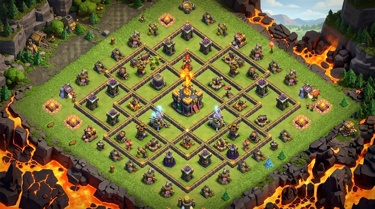 A Town Hall 16 war village from above, tight walled compartments around a central Town Hall with a firespitter turret on its roof