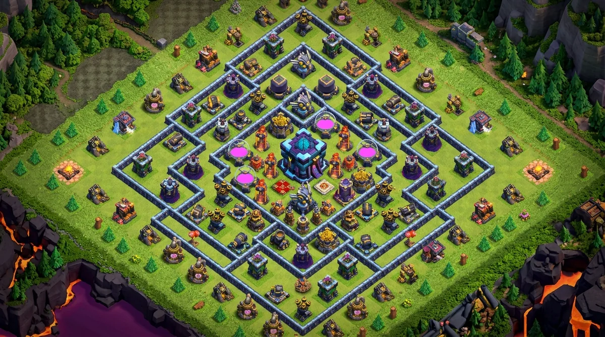 A Town Hall 17 war village from above, a dense grid of walled compartments around a tall dark Town Hall with a glowing blue core