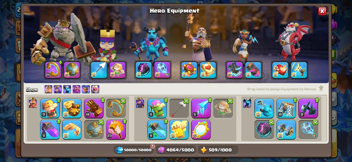 TH18 Hero Equipment screen showing Barbarian King with Spiky Ball level 9, Archer Queen with Action Figure level 27 and Magic Mirror level 27, and Dragon Duke equipment in detail
