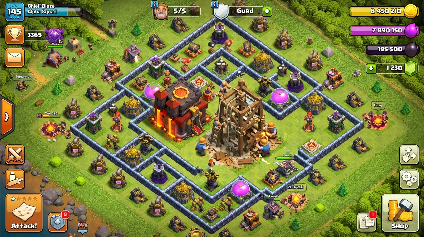 A glowing crafted defense tower standing inside a Town Hall 11 base layout