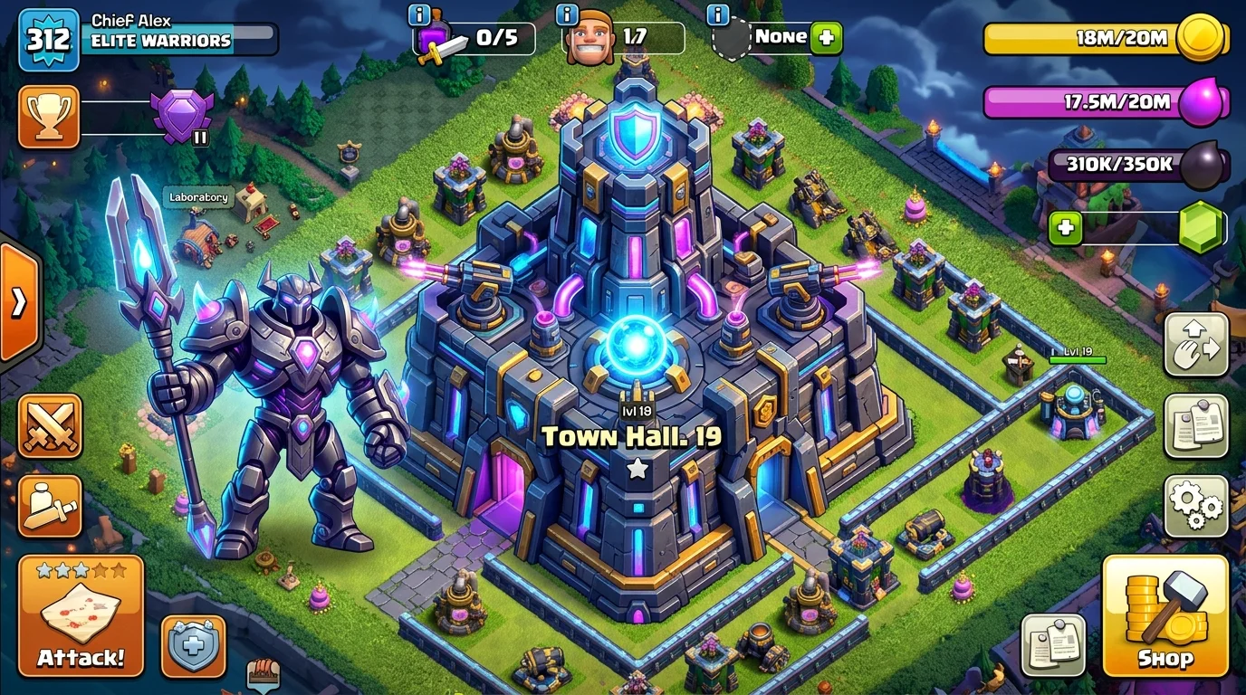 Town Hall 19 concept with a Guardian creature standing detached beside the building