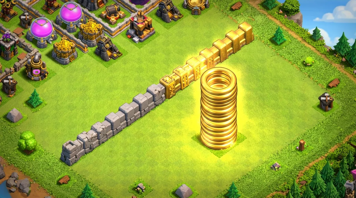 A tall stack of golden rings beside a wall that is half grey stone and half gold