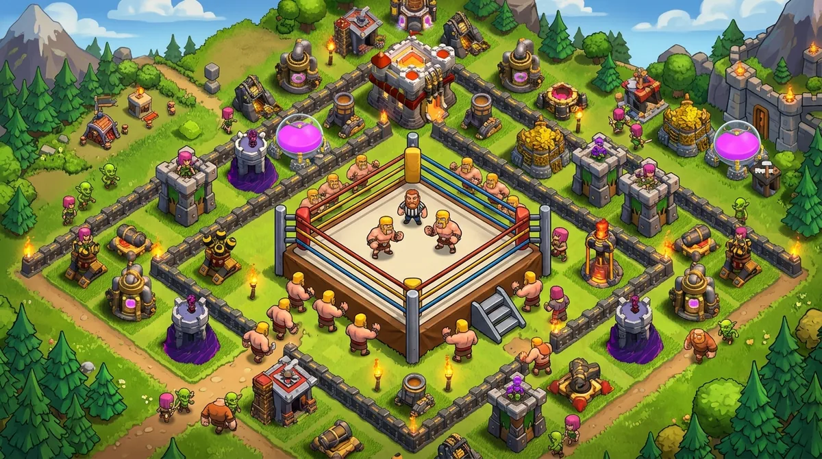 An empty floodlit wrestling ring with a championship belt on the canvas and the crowd gone, standing in for the Clash of Clans WWE season ending