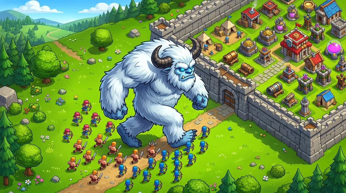A large white horned yeti walking toward a walled village with barbarians and archers beside it
